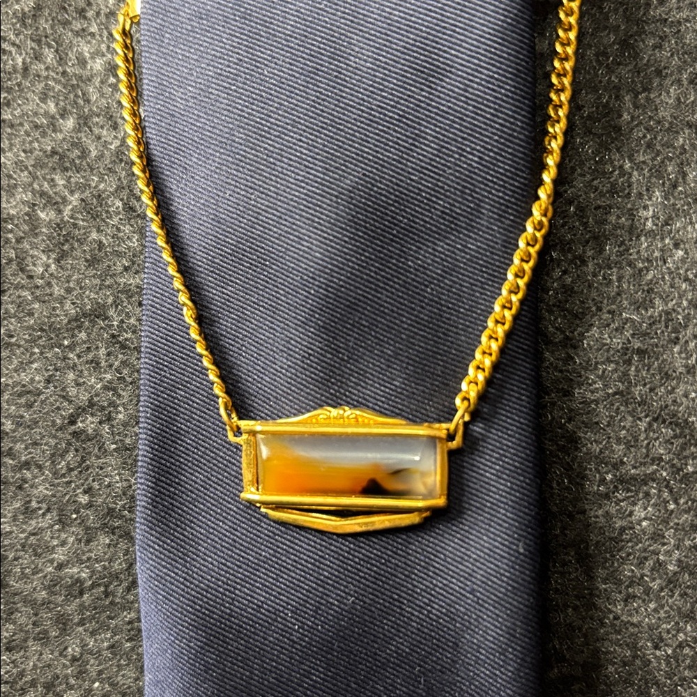 Vintage Gold-Tone and Montana Agate Tie Clip / Keeper